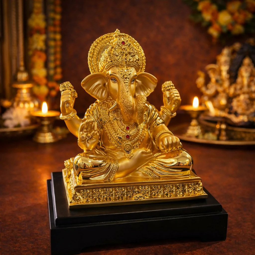 Golden lord ganesha idol showpiece for home temple & office décor
