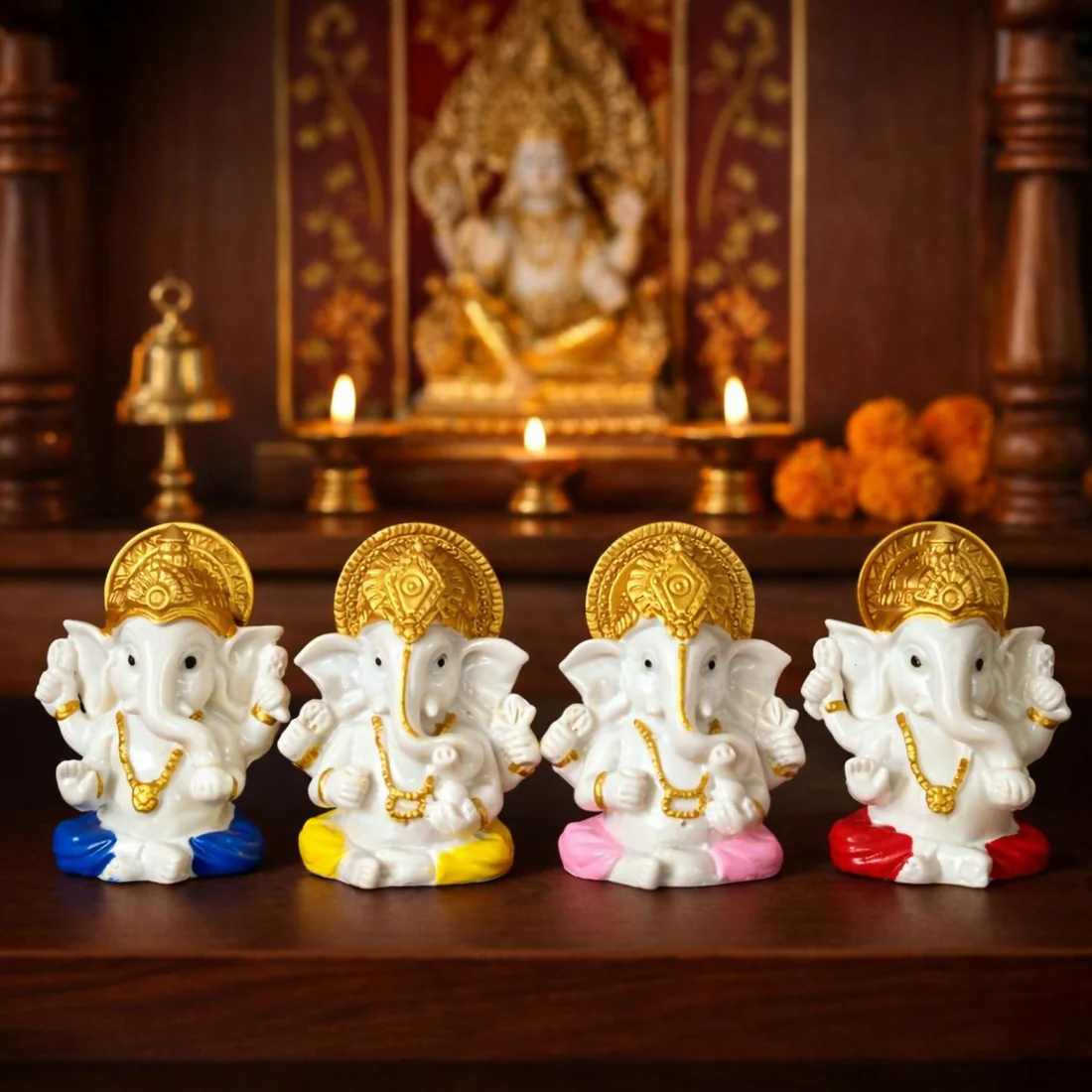 Lord ganesha idol set of 4 | white & gold ganpati murti for home temple