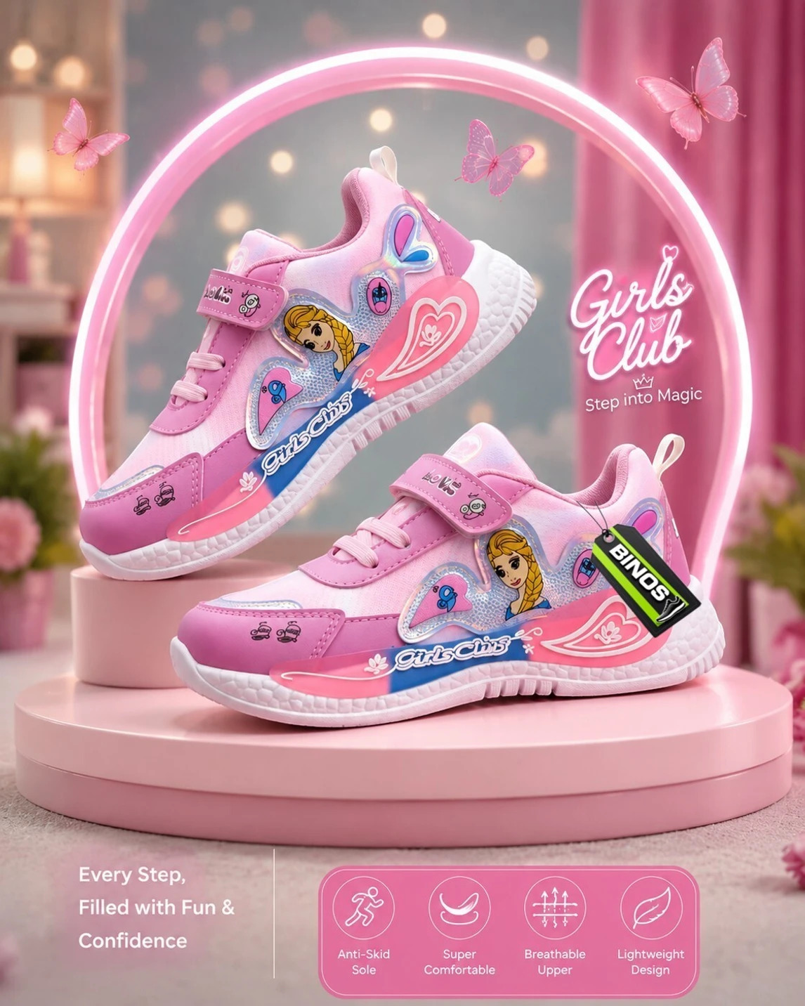 BINOS Barbie Velcro Sneakers For Girls (Multicolor, 7-8 Years)