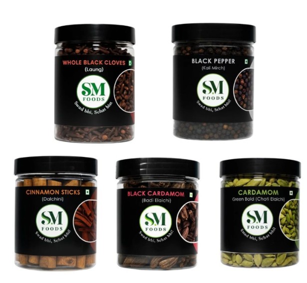 SM FOODS Premium Indian Spices Combo Black Pepper Cloves Cinnamon Black & Green Cardamom