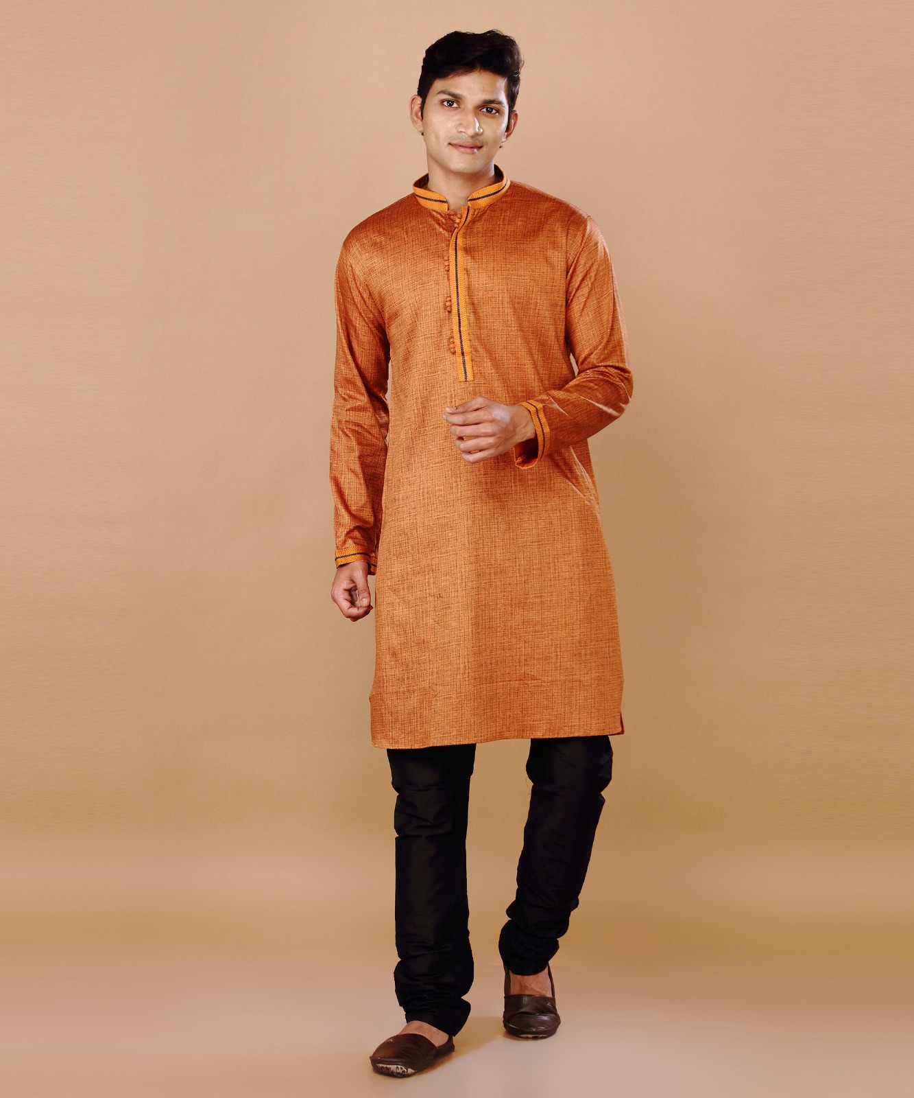 Men's Rust Orange Silk Blend Straight Kurta