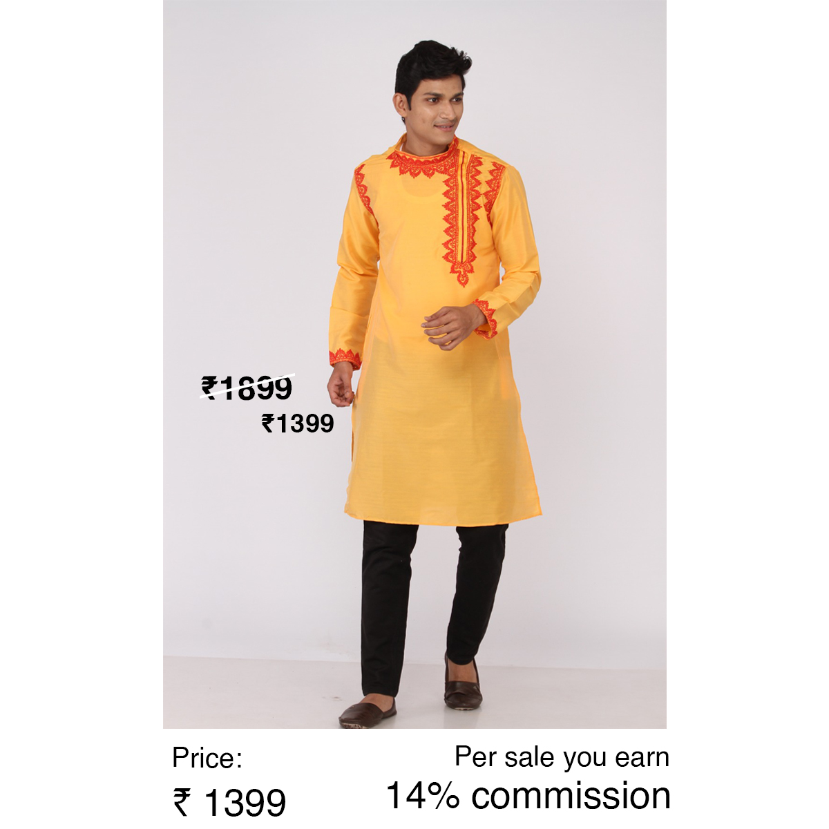 Men's Yellow Cotton Embroidery Kurta Pyjama Set