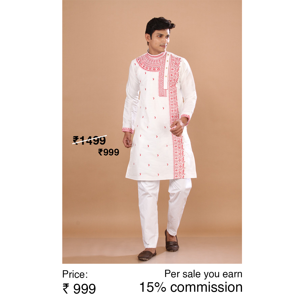 Men's White With Red Cotton Embroidery Kurta Pyjama Set